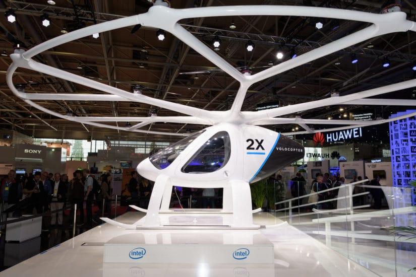 Hannover, Germany - June 13, 2018: Volocopter - the world's first manned electric helicopter and air taxi is presented on the booth of intel at CeBIT 2018. CeBIT is the world's largest trade fair for information technology.