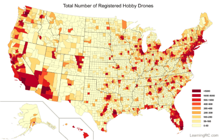 map depicting where the most drones in the US are