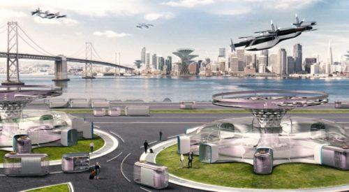 Futuristic aircraft flying through an urban cityscape.