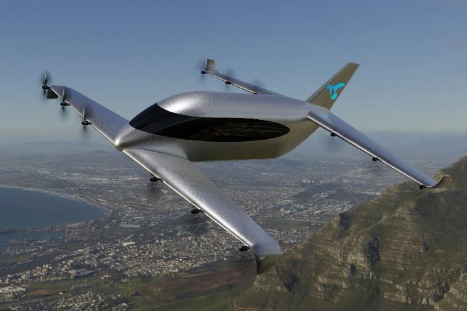 An imagined rendering of a tandem wing eVTOL flying in sky