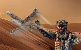 Illustration of a soldier in a desert launching a 3-foot drone that acts as a missile from his arm. 