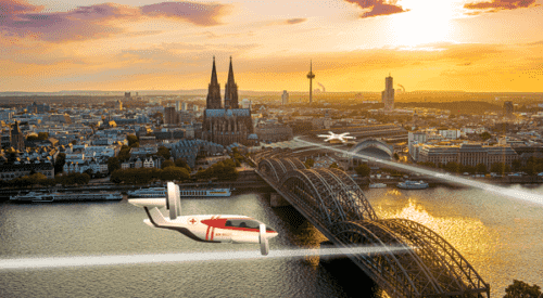Artist's rendition of an Urban Air Mobility vehicle flying in London.