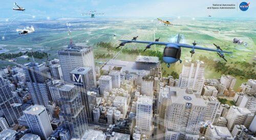 An illustration of a flying car hovering over cityscape.