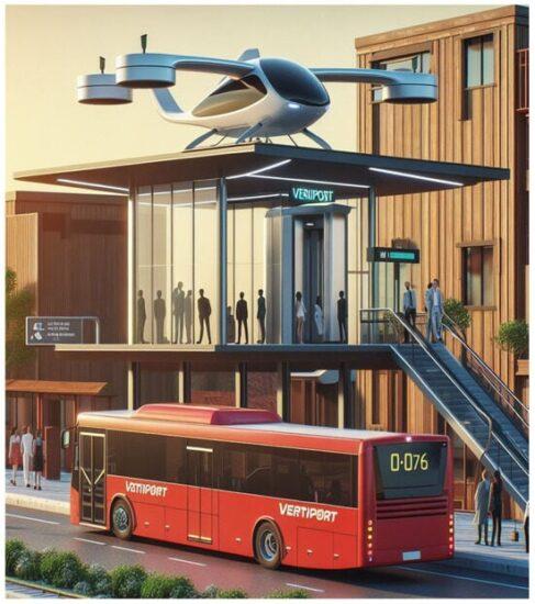 Illustration of a red city bus at the base of a vertiport with an air taxi on top of it.