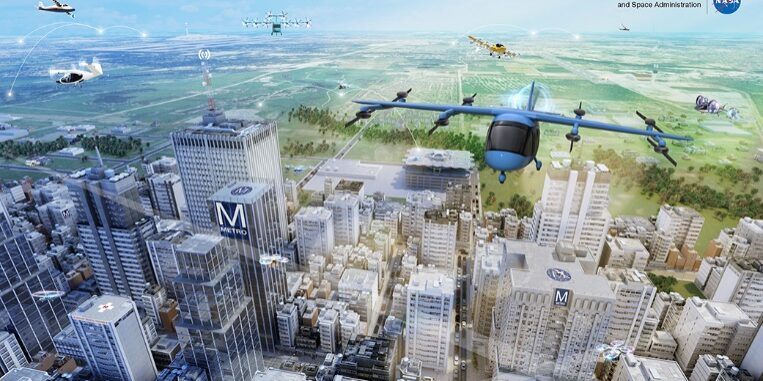 An illustration of a flying car hovering over cityscape.