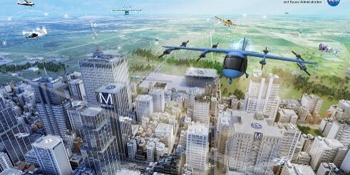 Illustration of an eVTOL flying above a cityscape.